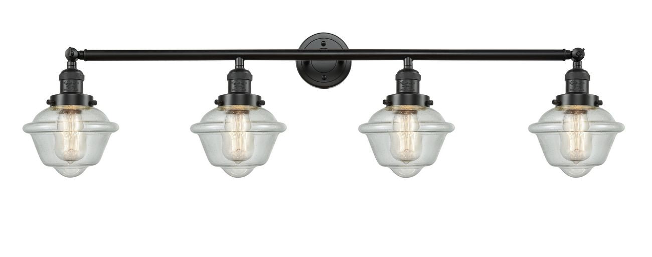 215-OB-G534 4-Light 46" Oil Rubbed Bronze Bath Vanity Light - Seedy Small Oxford Glass - LED Bulb - Dimmensions: 46 x 9 x 10 - Glass Up or Down: Yes