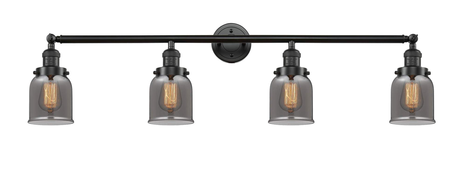 215-OB-G53 4-Light 42" Oil Rubbed Bronze Bath Vanity Light - Plated Smoke Small Bell Glass - LED Bulb - Dimmensions: 42 x 7 x 9.75 - Glass Up or Down: Yes