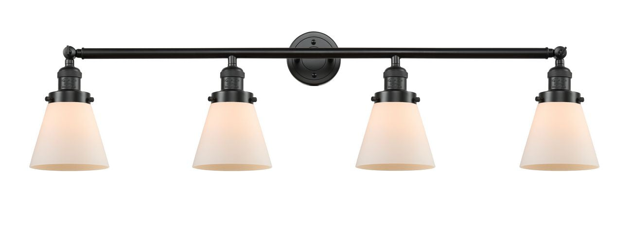 215-OB-G61 4-Light 42.25" Oil Rubbed Bronze Bath Vanity Light - Matte White Cased Small Cone Glass - LED Bulb - Dimmensions: 42.25 x 7.625 x 9.75 - Glass Up or Down: Yes