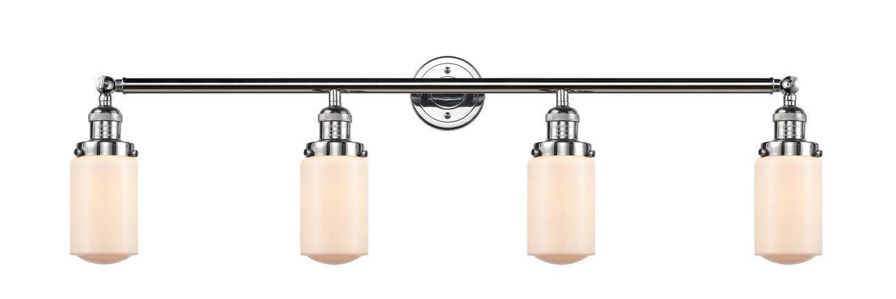 215-PC-G311 4-Light 43" Polished Chrome Bath Vanity Light - Matte White Cased Dover Glass - LED Bulb - Dimmensions: 43 x 7.5 x 10.75 - Glass Up or Down: Yes