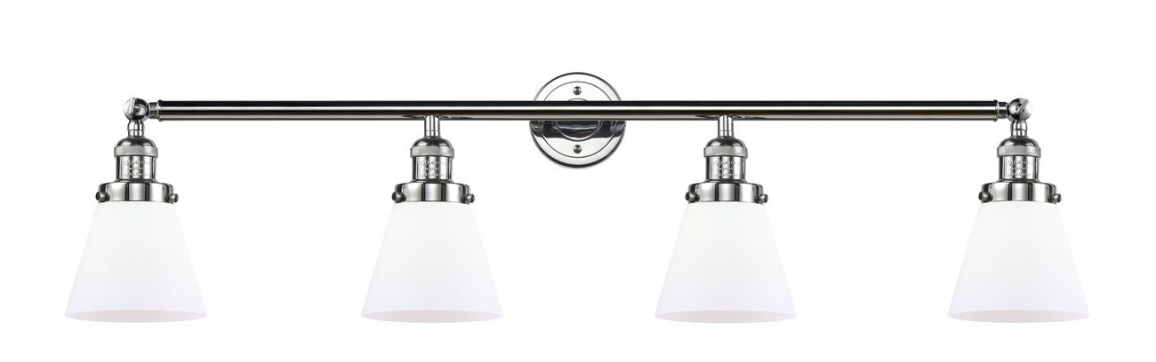 215-PC-G61 4-Light 42.25" Polished Chrome Bath Vanity Light - Matte White Cased Small Cone Glass - LED Bulb - Dimmensions: 42.25 x 7.625 x 9.75 - Glass Up or Down: Yes