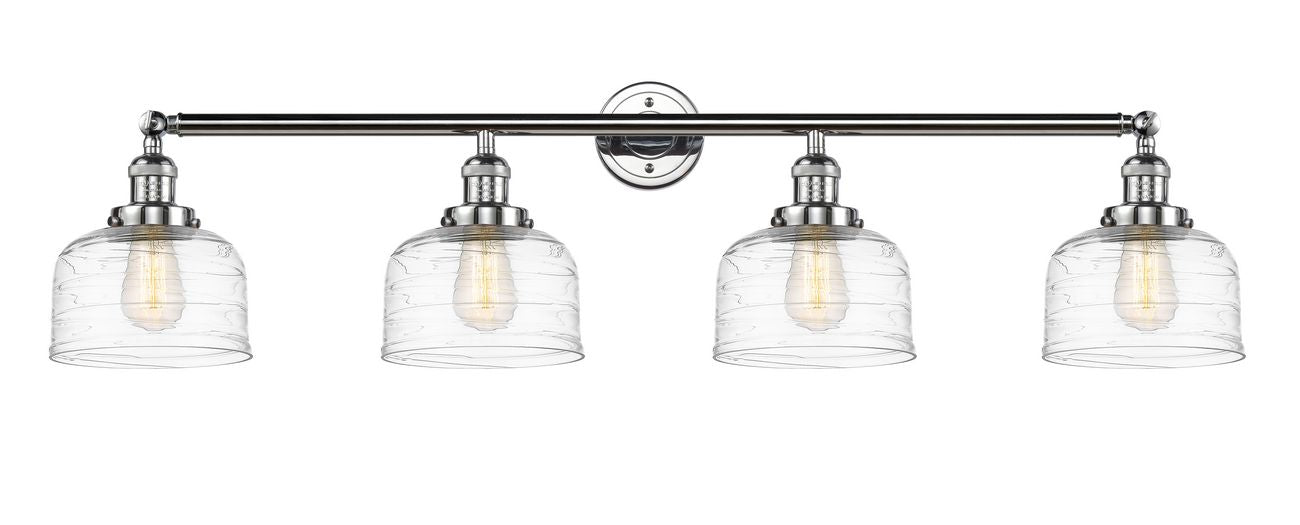 215-PC-G713 4-Light 44" Polished Chrome Bath Vanity Light - Clear Deco Swirl Large Bell Glass - LED Bulb - Dimmensions: 44 x 8.5 x 9.75 - Glass Up or Down: Yes