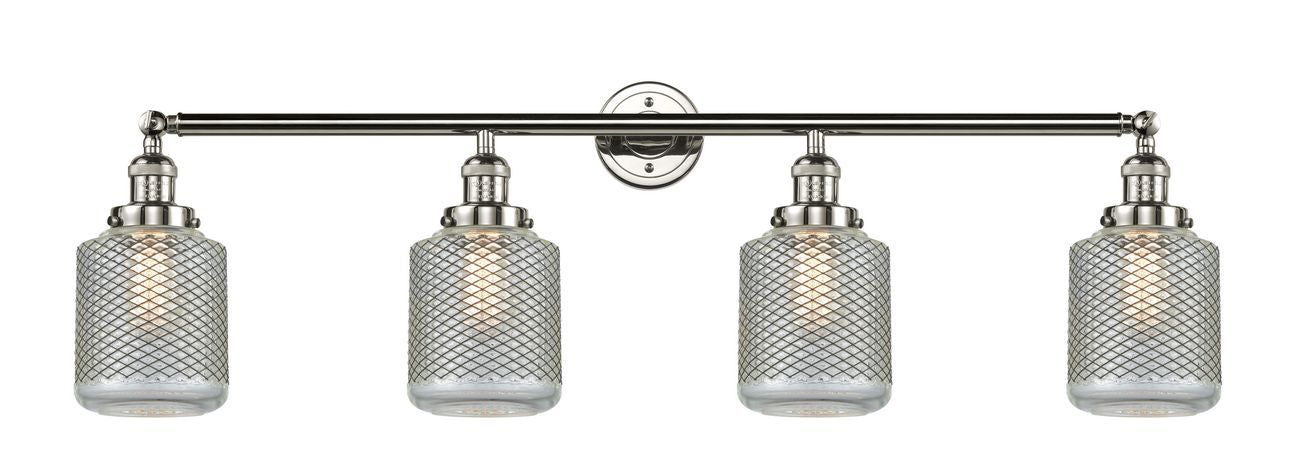 215-PN-G262 4-Light 44" Polished Nickel Bath Vanity Light - Vintage Wire Mesh Stanton Glass - LED Bulb - Dimmensions: 44 x 8 x 14 - Glass Up or Down: Yes