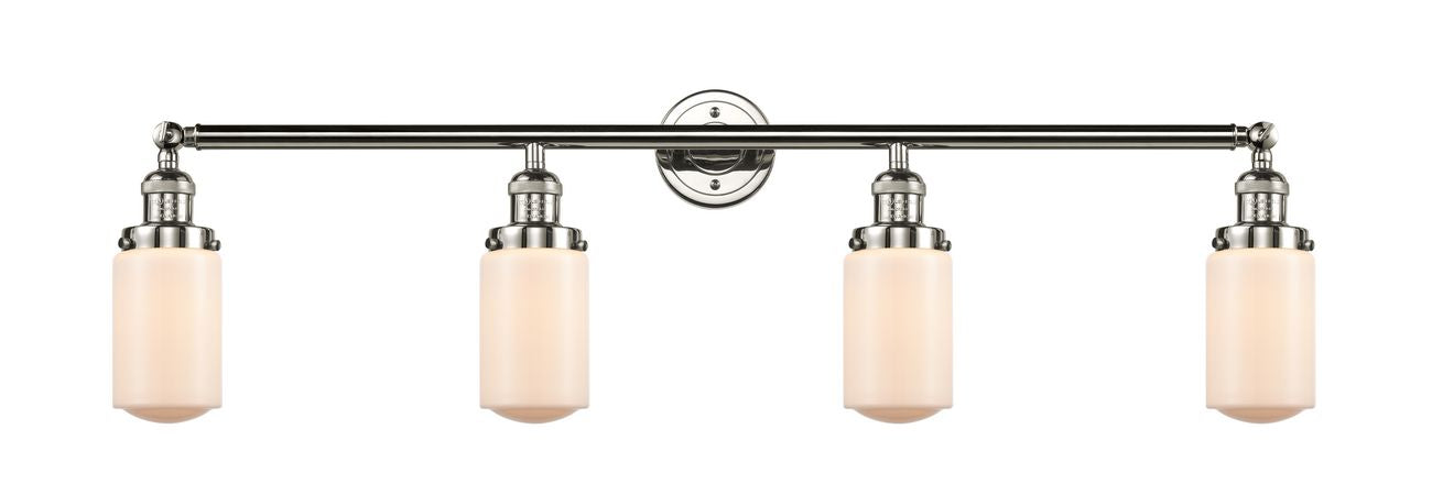 215-PN-G311 4-Light 43" Polished Nickel Bath Vanity Light - Matte White Cased Dover Glass - LED Bulb - Dimmensions: 43 x 7.5 x 10.75 - Glass Up or Down: Yes