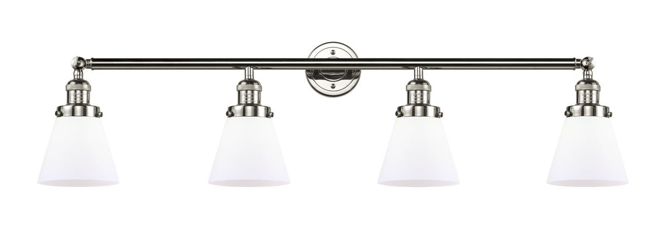 215-PN-G61 4-Light 42.25" Polished Nickel Bath Vanity Light - Matte White Cased Small Cone Glass - LED Bulb - Dimmensions: 42.25 x 7.625 x 9.75 - Glass Up or Down: Yes