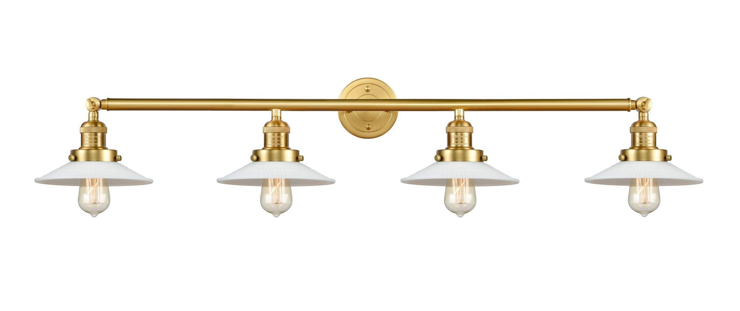 215-SG-G1 4-Light 44.5" Satin Gold Bath Vanity Light - White Halophane Glass - LED Bulb - Dimmensions: 44.5 x 9 x 6.5 - Glass Up or Down: Yes