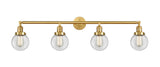215-SG-G202-6 4-Light 42" Satin Gold Bath Vanity Light - Clear Beacon Glass - LED Bulb - Dimmensions: 42 x 8.125 x 12.125 - Glass Up or Down: Yes
