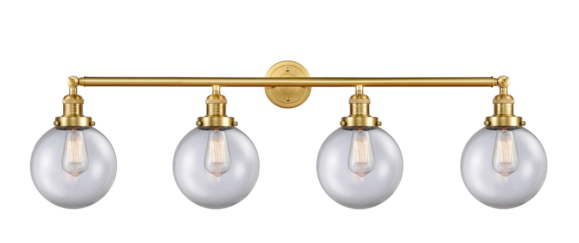 215-SG-G202-8 4-Light 44" Satin Gold Bath Vanity Light - Clear Beacon Glass - LED Bulb - Dimmensions: 44 x 9.125 x 14.125 - Glass Up or Down: Yes
