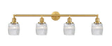 215-SG-G302 4-Light 42" Satin Gold Bath Vanity Light - Thick Clear Halophane Colton Glass - LED Bulb - Dimmensions: 42 x 7 x 11 - Glass Up or Down: Yes