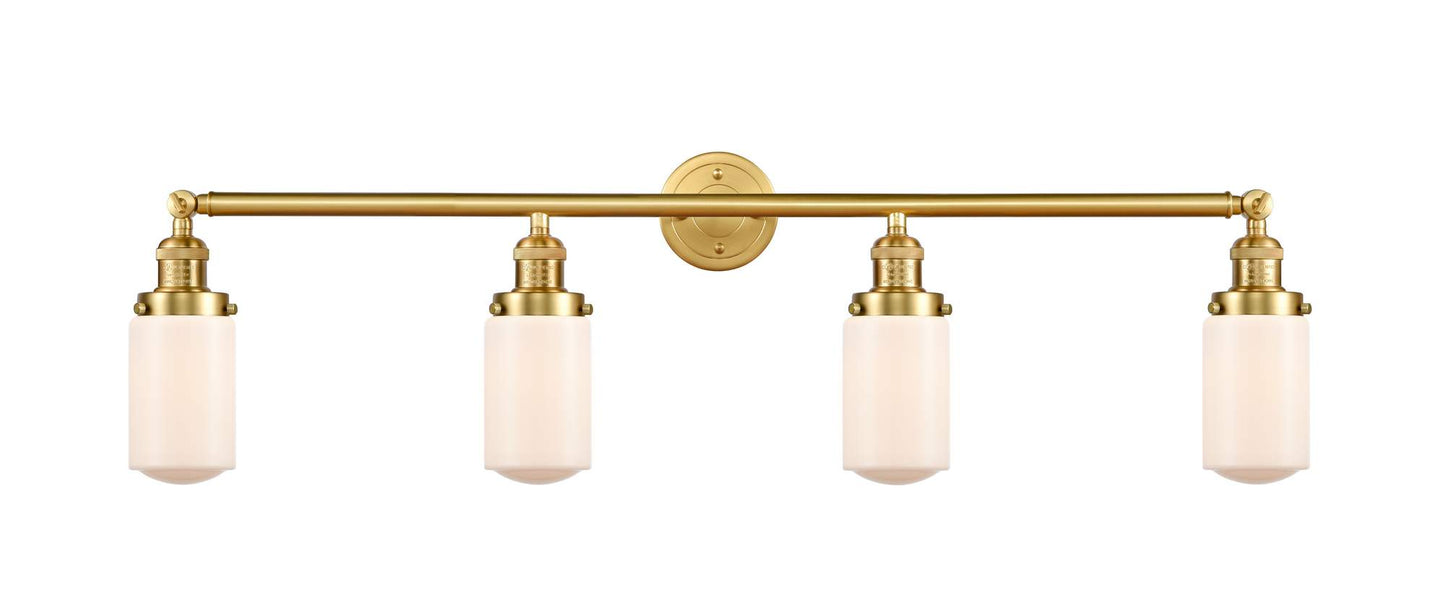 215-SG-G311 4-Light 43" Satin Gold Bath Vanity Light - Matte White Cased Dover Glass - LED Bulb - Dimmensions: 43 x 7.5 x 10.75 - Glass Up or Down: Yes