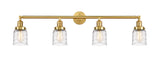 215-SG-G513 4-Light 42" Satin Gold Bath Vanity Light - Clear Deco Swirl Small Bell Glass - LED Bulb - Dimmensions: 42 x 7 x 9.75 - Glass Up or Down: Yes