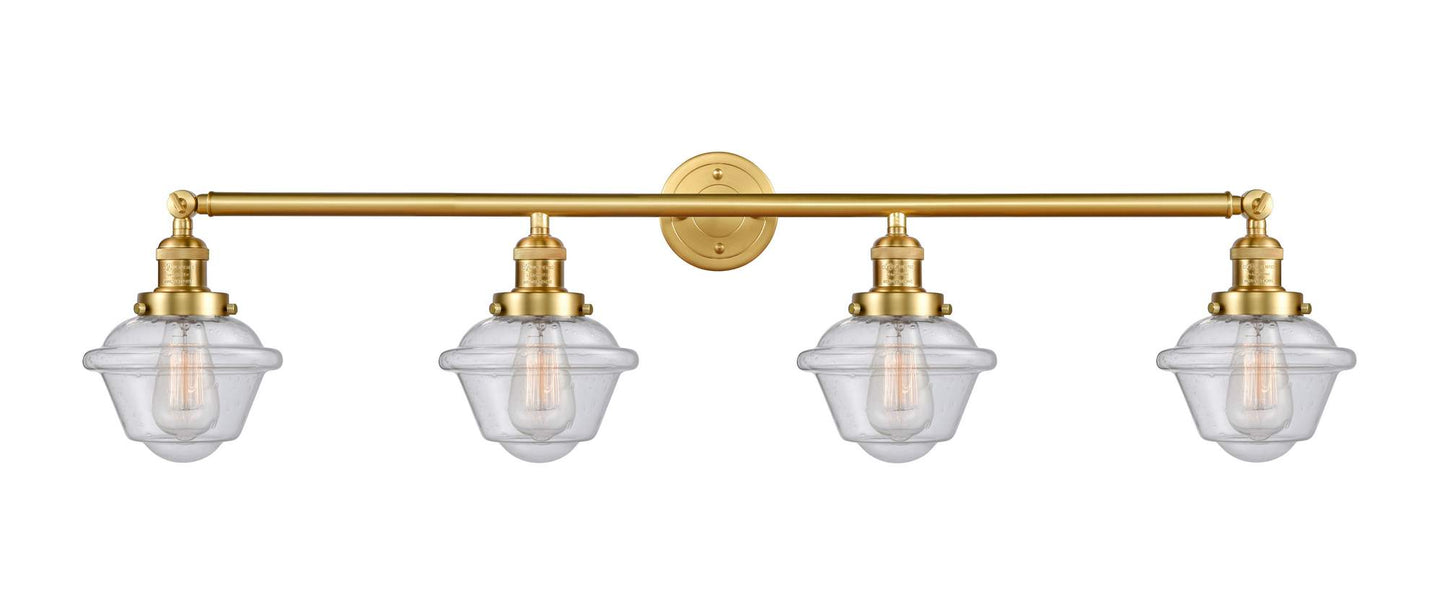 215-SG-G534 4-Light 46" Satin Gold Bath Vanity Light - Seedy Small Oxford Glass - LED Bulb - Dimmensions: 46 x 9 x 10 - Glass Up or Down: Yes
