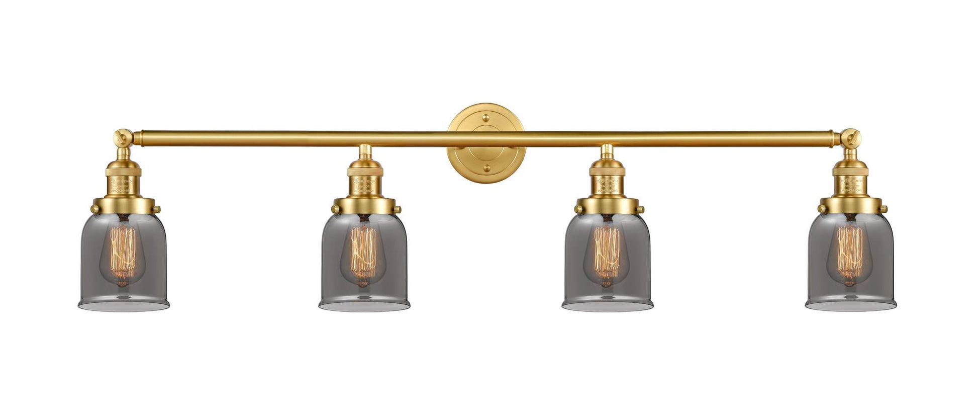 215-SG-G53 4-Light 42" Satin Gold Bath Vanity Light - Plated Smoke Small Bell Glass - LED Bulb - Dimmensions: 42 x 7 x 9.75 - Glass Up or Down: Yes