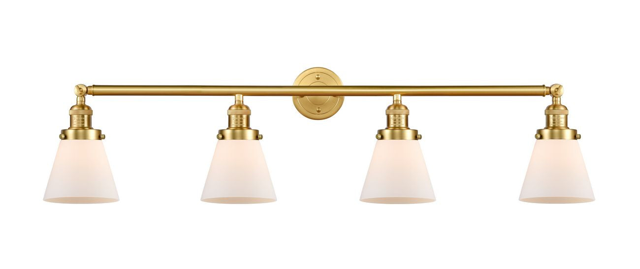215-SG-G61 4-Light 42.25" Satin Gold Bath Vanity Light - Matte White Cased Small Cone Glass - LED Bulb - Dimmensions: 42.25 x 7.625 x 9.75 - Glass Up or Down: Yes