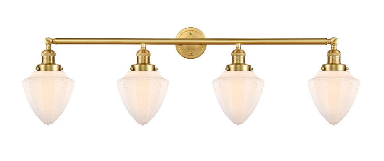 215-SG-G661-7 4-Light 45.75" Satin Gold Bath Vanity Light - Matte White Cased Small Bullet Glass - LED Bulb - Dimmensions: 45.75 x 8 x 15 - Glass Up or Down: Yes
