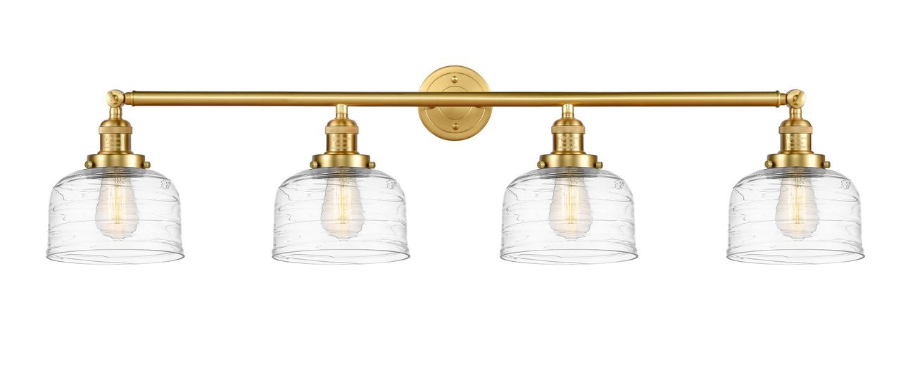 215-SG-G713 4-Light 44" Satin Gold Bath Vanity Light - Clear Deco Swirl Large Bell Glass - LED Bulb - Dimmensions: 44 x 8.5 x 9.75 - Glass Up or Down: Yes