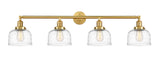 215-SG-G713 4-Light 44" Satin Gold Bath Vanity Light - Clear Deco Swirl Large Bell Glass - LED Bulb - Dimmensions: 44 x 8.5 x 9.75 - Glass Up or Down: Yes