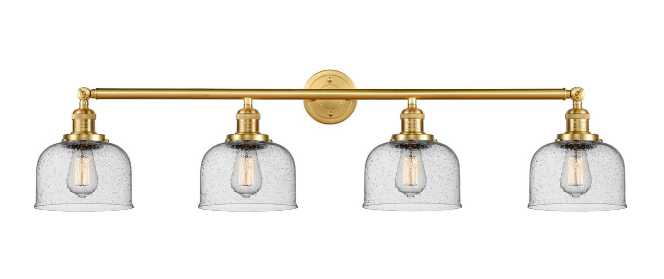 215-SG-G74 4-Light 44" Satin Gold Bath Vanity Light - Seedy Large Bell Glass - LED Bulb - Dimmensions: 44 x 8.5 x 9.75 - Glass Up or Down: Yes