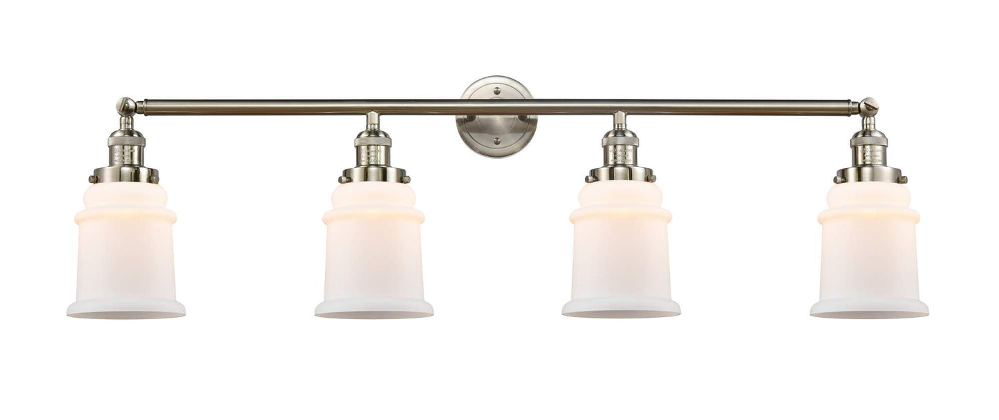 215-SN-G181 4-Light 42" Brushed Satin Nickel Bath Vanity Light - Matte White Canton Glass - LED Bulb - Dimmensions: 42 x 7.5 x 11.25 - Glass Up or Down: Yes