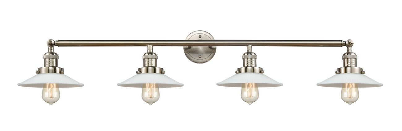 215-SN-G1 4-Light 44.5" Brushed Satin Nickel Bath Vanity Light - White Halophane Glass - LED Bulb - Dimmensions: 44.5 x 9 x 6.5 - Glass Up or Down: Yes