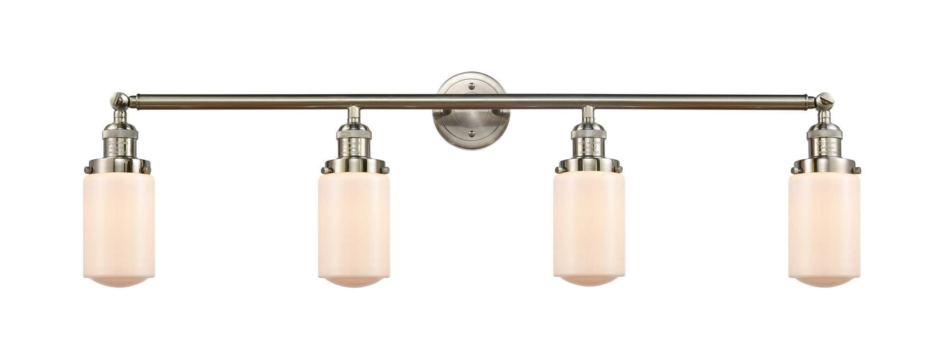 215-SN-G311 4-Light 43" Brushed Satin Nickel Bath Vanity Light - Matte White Cased Dover Glass - LED Bulb - Dimmensions: 43 x 7.5 x 10.75 - Glass Up or Down: Yes