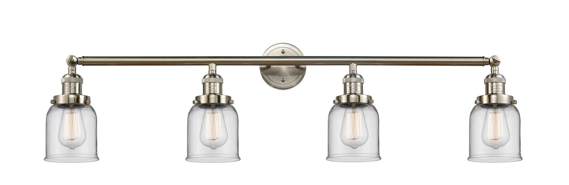 215-SN-G52 4-Light 42" Brushed Satin Nickel Bath Vanity Light - Clear Small Bell Glass - LED Bulb - Dimmensions: 42 x 7 x 9.75 - Glass Up or Down: Yes