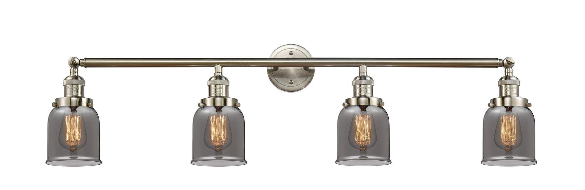 215-SN-G53 4-Light 42" Brushed Satin Nickel Bath Vanity Light - Plated Smoke Small Bell Glass - LED Bulb - Dimmensions: 42 x 7 x 9.75 - Glass Up or Down: Yes