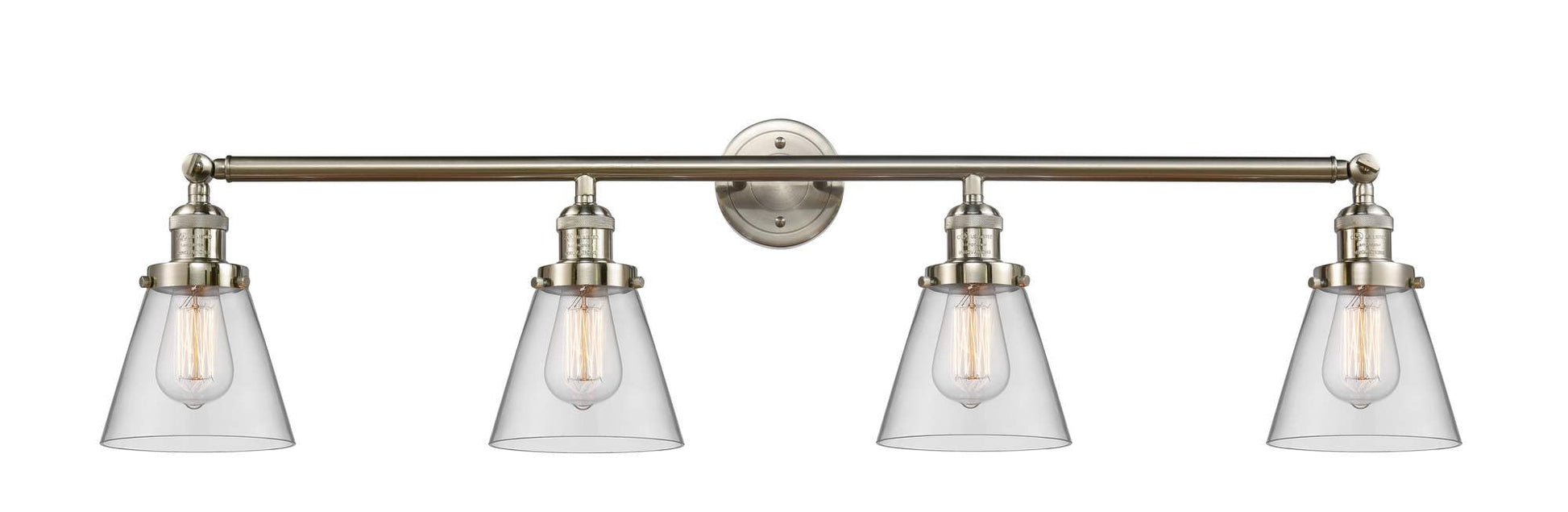 215-SN-G62 4-Light 42.25" Brushed Satin Nickel Bath Vanity Light - Clear Small Cone Glass - LED Bulb - Dimmensions: 42.25 x 7.625 x 9.75 - Glass Up or Down: Yes