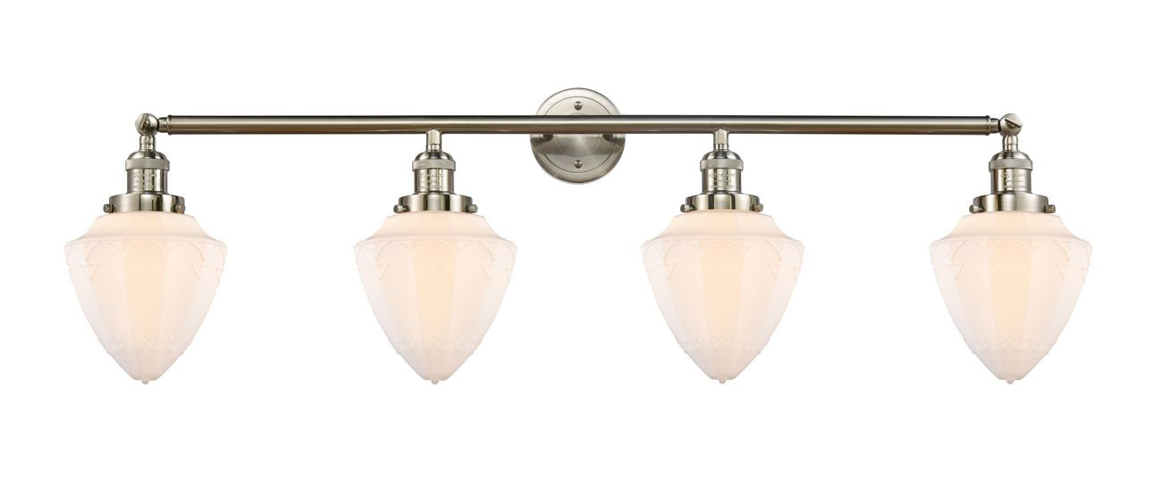 215-SN-G661-7 4-Light 45.75" Brushed Satin Nickel Bath Vanity Light - Matte White Cased Small Bullet Glass - LED Bulb - Dimmensions: 45.75 x 8 x 15 - Glass Up or Down: Yes