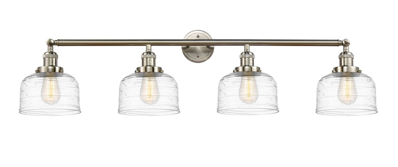 215-SN-G713 4-Light 44" Brushed Satin Nickel Bath Vanity Light - Clear Deco Swirl Large Bell Glass - LED Bulb - Dimmensions: 44 x 8.5 x 9.75 - Glass Up or Down: Yes