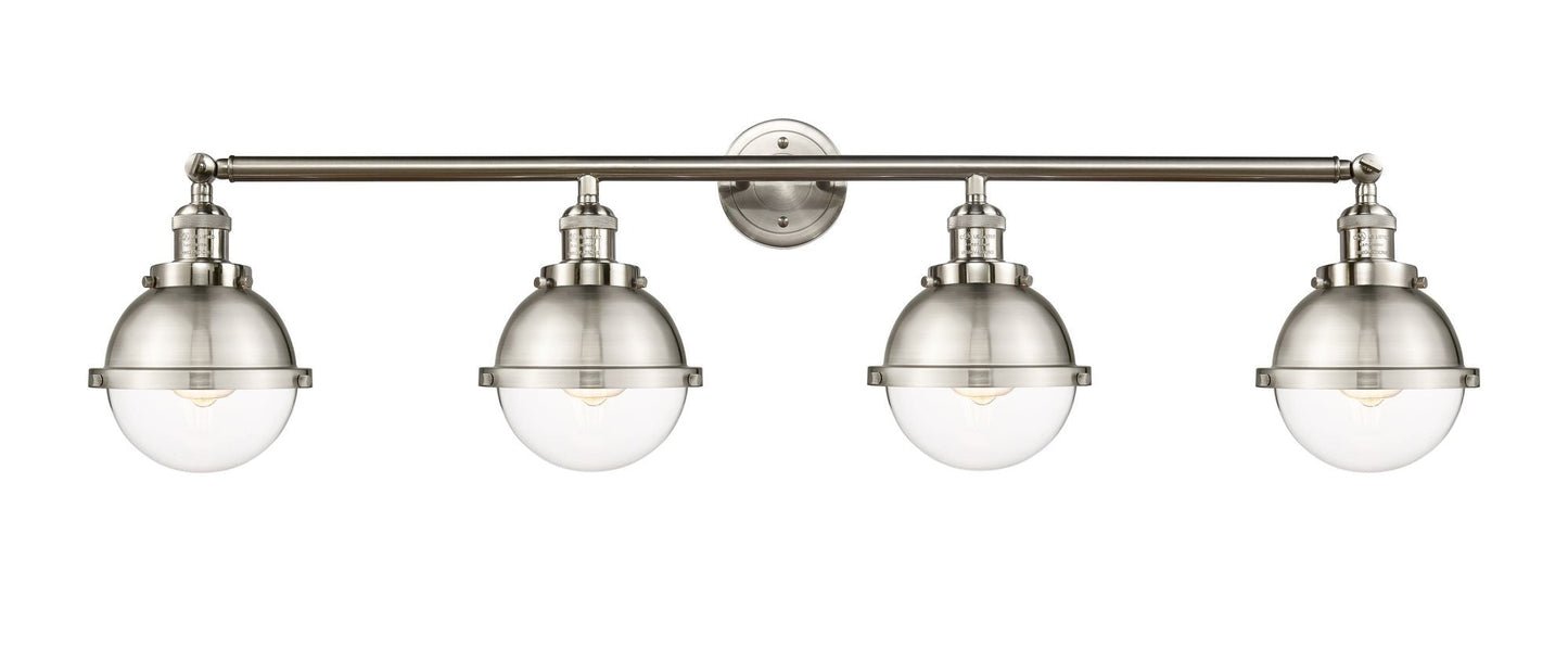 215-SN-HFS-62-SN 4-Light 45.925" Brushed Satin Nickel Bath Vanity Light - Clear Hampden Glass - LED Bulb - Dimmensions: 45.925 x 8.125 x 10.25 - Glass Up or Down: Yes