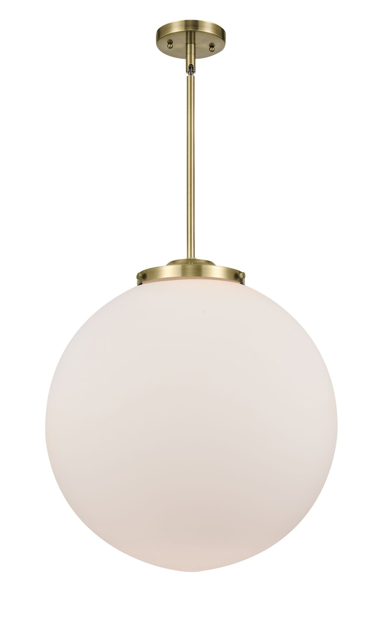 221-1S-AB-G201-18 1-Light 18" Antique Brass Pendant - Matte White Cased Beacon Glass - LED Bulb - Dimmensions: 18 x 18 x 19<br>Minimum Height : 28<br>Maximum Height : 52 - Sloped Ceiling Compatible: Yes
