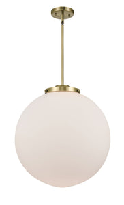 221-1S-AB-G201-18 1-Light 18" Antique Brass Pendant - Matte White Cased Beacon Glass - LED Bulb - Dimmensions: 18 x 18 x 19<br>Minimum Height : 28<br>Maximum Height : 52 - Sloped Ceiling Compatible: Yes
