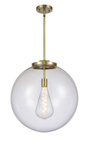 221-1S-AB-G202-18 1-Light 18" Antique Brass Pendant - Clear Beacon Glass - LED Bulb - Dimmensions: 18 x 18 x 19<br>Minimum Height : 28<br>Maximum Height : 52 - Sloped Ceiling Compatible: Yes