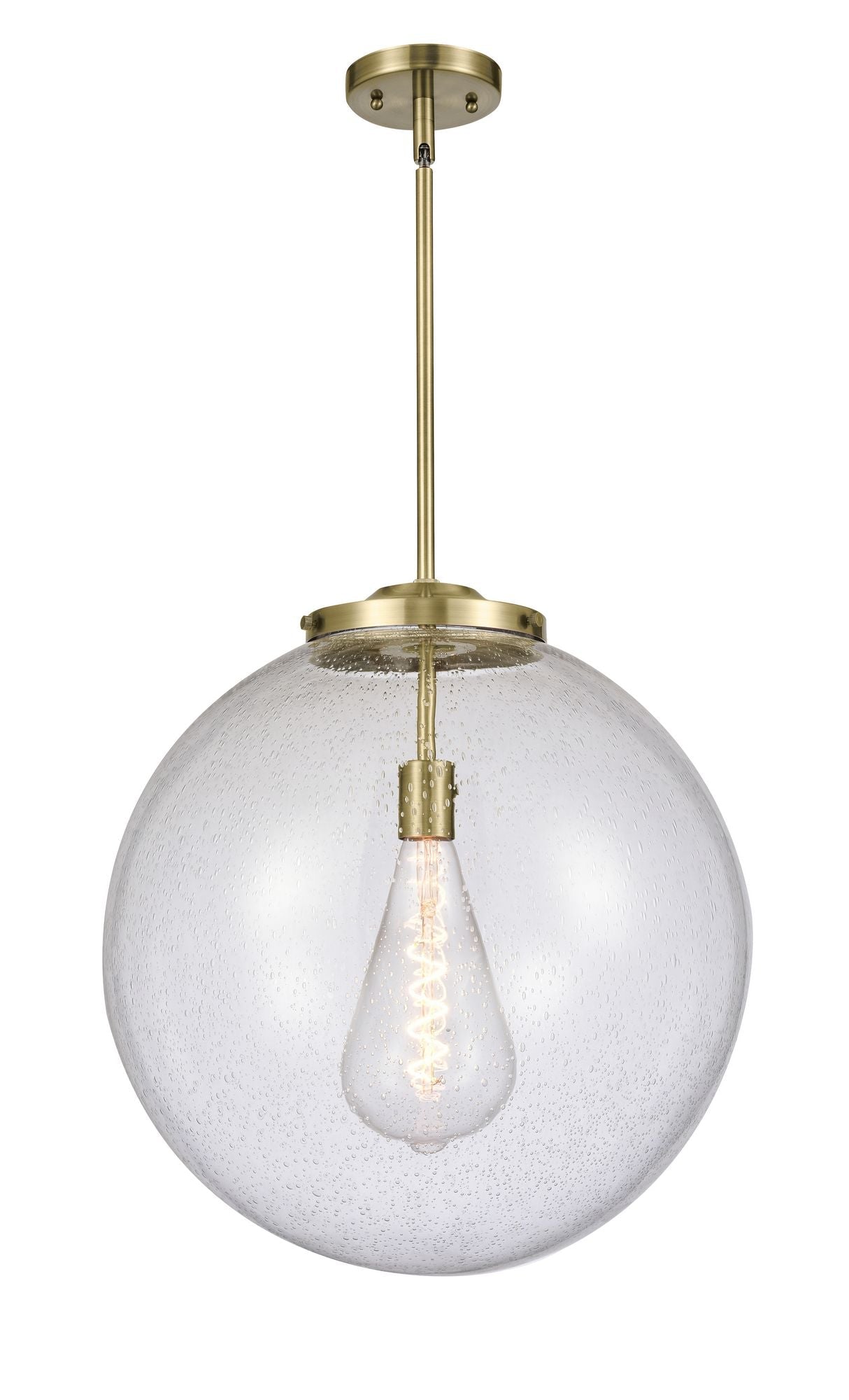 221-1S-AB-G204-18 1-Light 18" Antique Brass Pendant - Seedy Beacon Glass - LED Bulb - Dimmensions: 18 x 18 x 19<br>Minimum Height : 28<br>Maximum Height : 52 - Sloped Ceiling Compatible: Yes