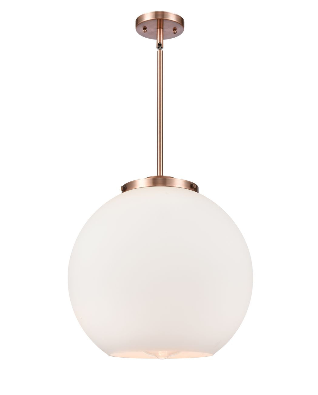 221-1S-AC-G121-16 1-Light 15.75" Antique Copper Pendant - Cased Matte White Large Athens Glass - LED Bulb - Dimmensions: 15.75 x 15.75 x 16.375<br>Minimum Height : 26<br>Maximum Height : 50 - Sloped Ceiling Compatible: Yes