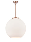 221-1S-AC-G121-18 1-Light 17.75" Antique Copper Pendant - Cased Matte White Large Athens Glass - LED Bulb - Dimmensions: 17.75 x 17.75 x 18.375<br>Minimum Height : 27.375<br>Maximum Height : 51.375 - Sloped Ceiling Compatible: Yes