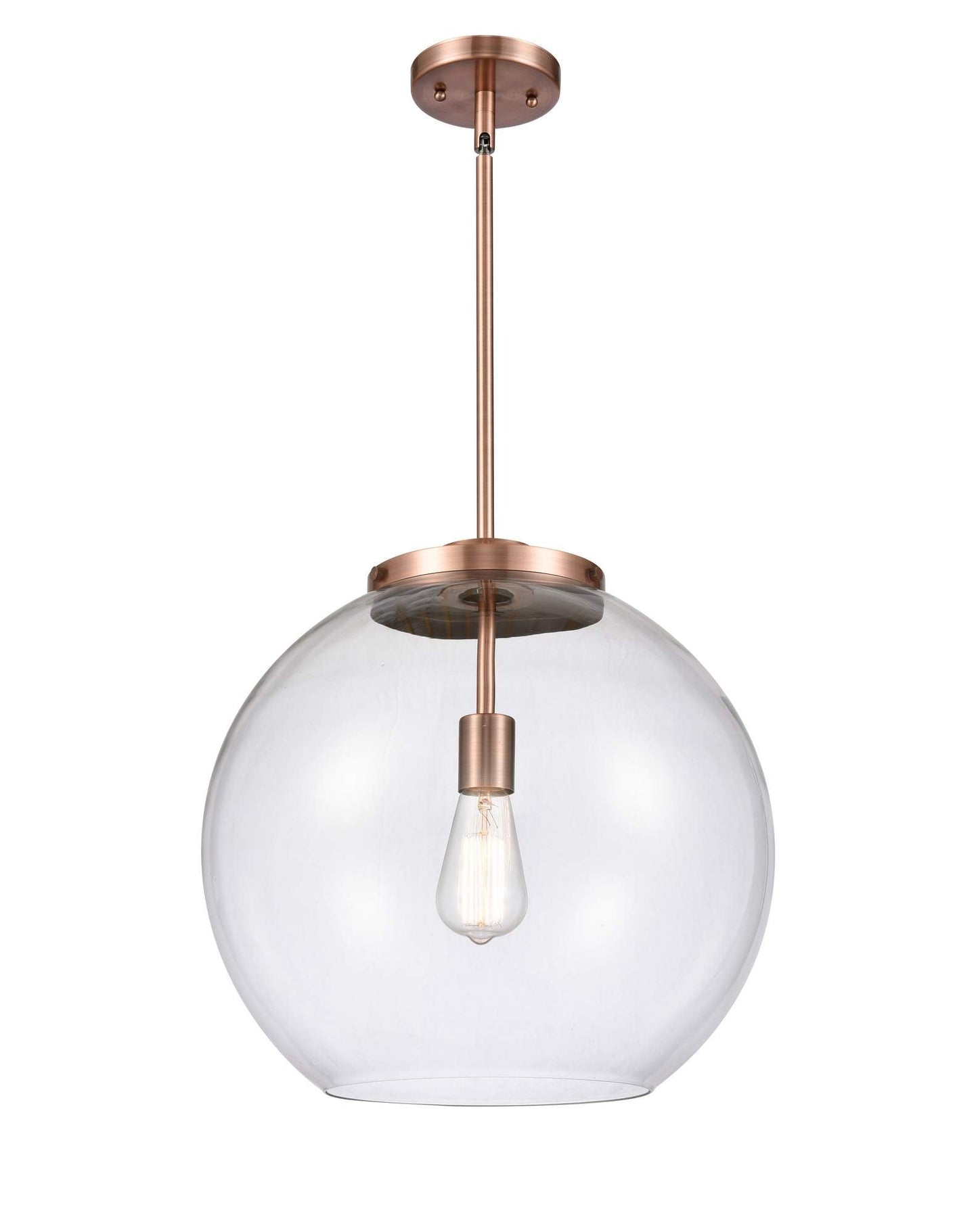 221-1S-AC-G122-16 1-Light 15.75" Antique Copper Pendant - Clear Large Athens Glass - LED Bulb - Dimmensions: 15.75 x 15.75 x 16.375<br>Minimum Height : 26<br>Maximum Height : 50 - Sloped Ceiling Compatible: Yes