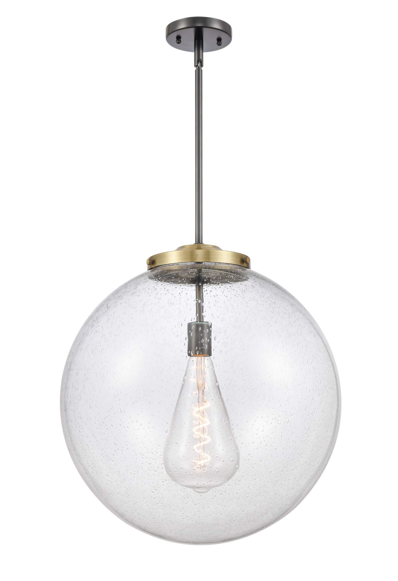221-1S-BAB-G204-18 1-Light 18" Black Antique Brass Pendant - Seedy Beacon Glass - LED Bulb - Dimmensions: 18 x 18 x 19<br>Minimum Height : 28<br>Maximum Height : 52 - Sloped Ceiling Compatible: Yes