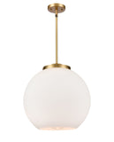 221-1S-BB-G121-16 1-Light 15.75" Brushed Brass Pendant - Cased Matte White Large Athens Glass - LED Bulb - Dimmensions: 15.75 x 15.75 x 16.375<br>Minimum Height : 26<br>Maximum Height : 50 - Sloped Ceiling Compatible: Yes