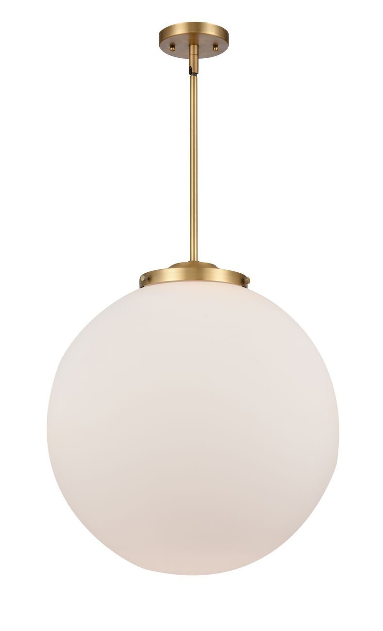 221-1S-BB-G201-18 1-Light 18" Brushed Brass Pendant - Matte White Cased Beacon Glass - LED Bulb - Dimmensions: 18 x 18 x 19<br>Minimum Height : 28<br>Maximum Height : 52 - Sloped Ceiling Compatible: Yes