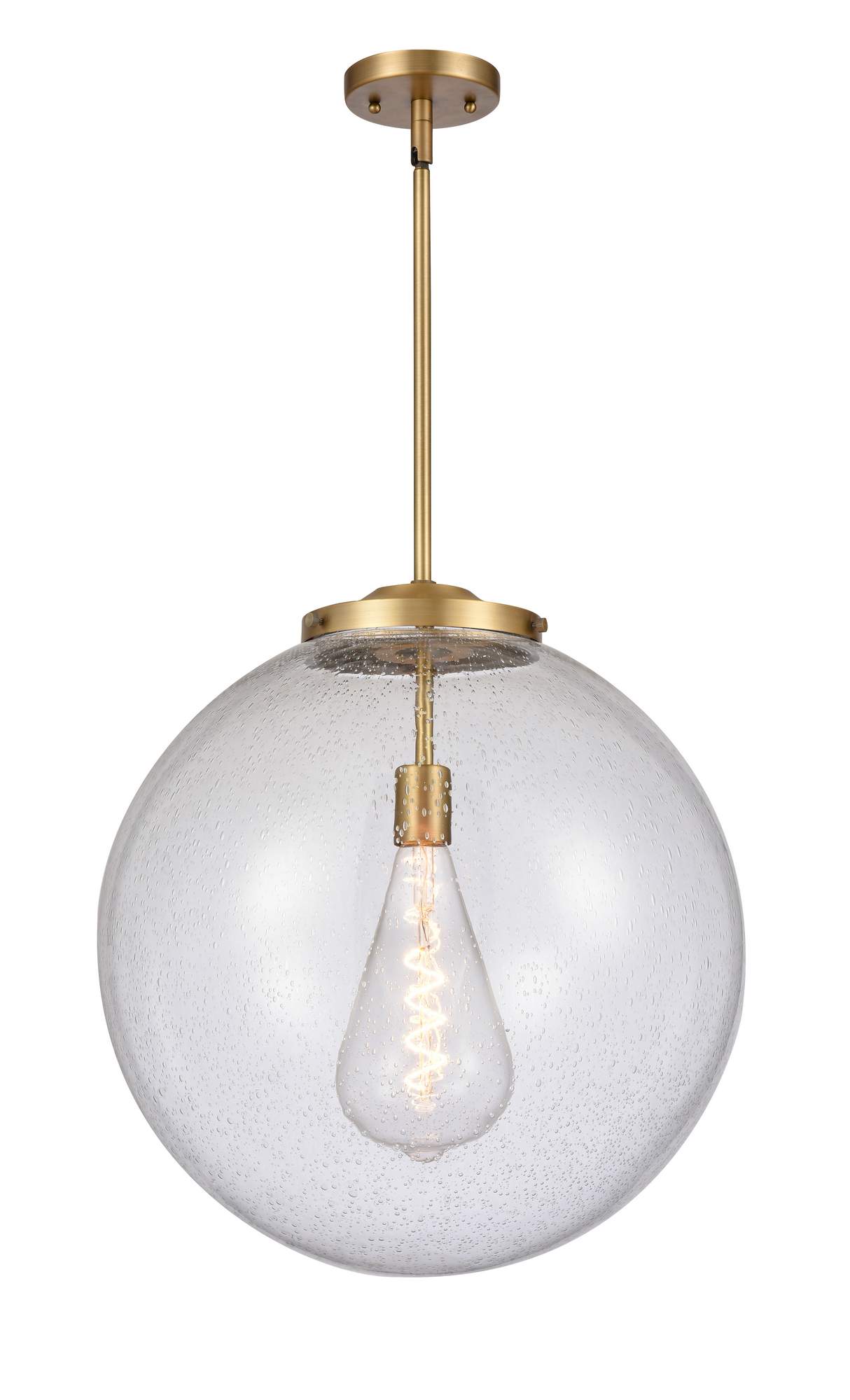 221-1S-BB-G204-18 1-Light 18" Brushed Brass Pendant - Seedy Beacon Glass - LED Bulb - Dimmensions: 18 x 18 x 19<br>Minimum Height : 28<br>Maximum Height : 52 - Sloped Ceiling Compatible: Yes