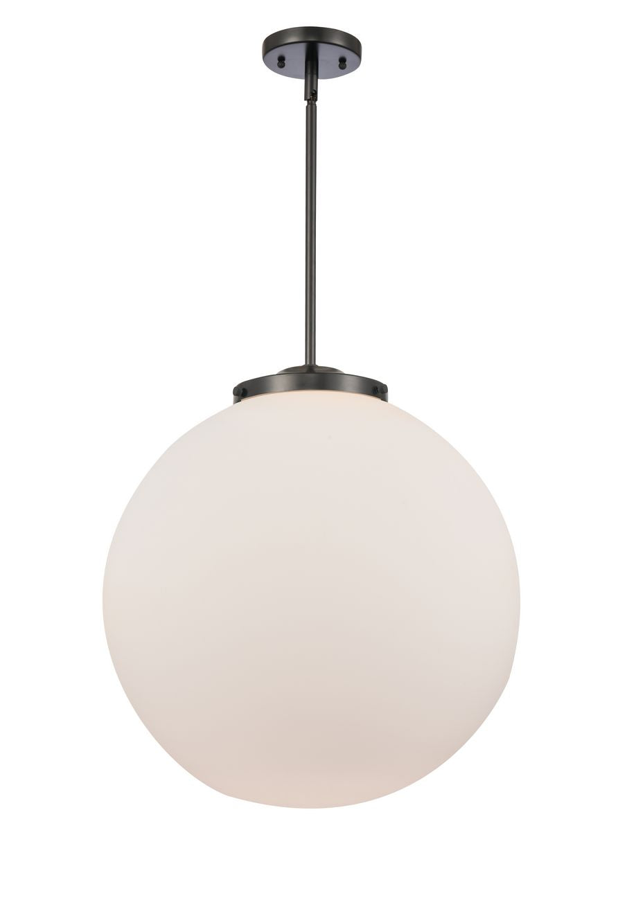 221-1S-BK-G201-18 1-Light 18" Matte Black Pendant - Matte White Cased Beacon Glass - LED Bulb - Dimmensions: 18 x 18 x 19<br>Minimum Height : 28<br>Maximum Height : 52 - Sloped Ceiling Compatible: Yes