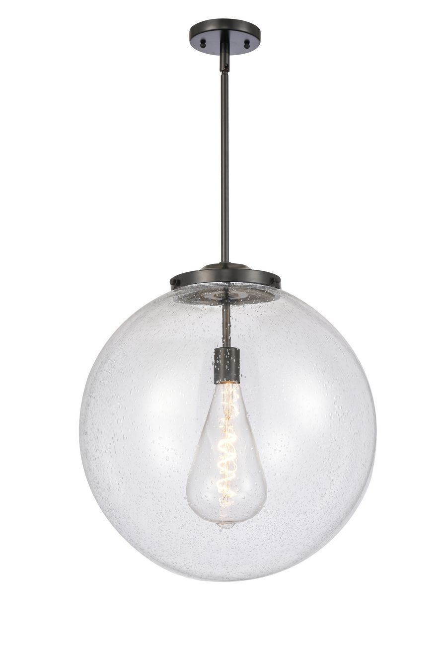 221-1S-BK-G204-18 1-Light 18" Matte Black Pendant - Seedy Beacon Glass - LED Bulb - Dimmensions: 18 x 18 x 19<br>Minimum Height : 28<br>Maximum Height : 52 - Sloped Ceiling Compatible: Yes