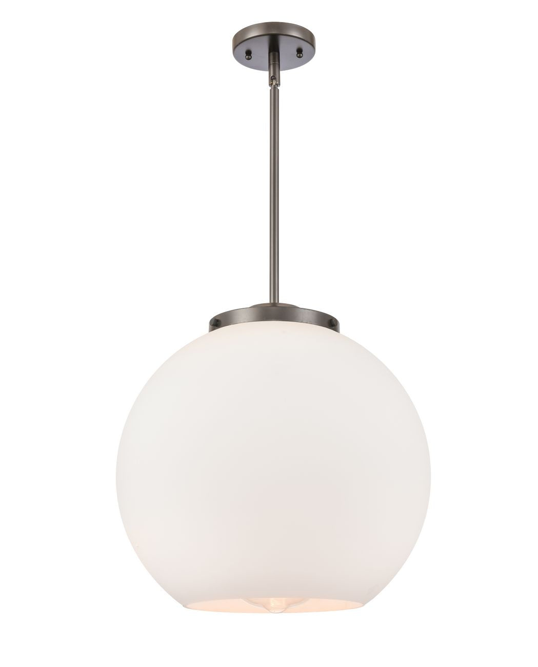 221-1S-OB-G121-16 1-Light 15.75" Oil Rubbed Bronze Pendant - Cased Matte White Large Athens Glass - LED Bulb - Dimmensions: 15.75 x 15.75 x 16.375<br>Minimum Height : 26<br>Maximum Height : 50 - Sloped Ceiling Compatible: Yes