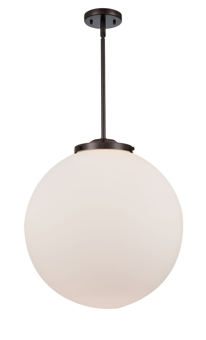 221-1S-OB-G201-18 1-Light 18" Oil Rubbed Bronze Pendant - Matte White Cased Beacon Glass - LED Bulb - Dimmensions: 18 x 18 x 19<br>Minimum Height : 28<br>Maximum Height : 52 - Sloped Ceiling Compatible: Yes