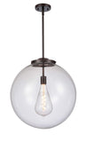 221-1S-OB-G202-18 1-Light 18" Oil Rubbed Bronze Pendant - Clear Beacon Glass - LED Bulb - Dimmensions: 18 x 18 x 19<br>Minimum Height : 28<br>Maximum Height : 52 - Sloped Ceiling Compatible: Yes
