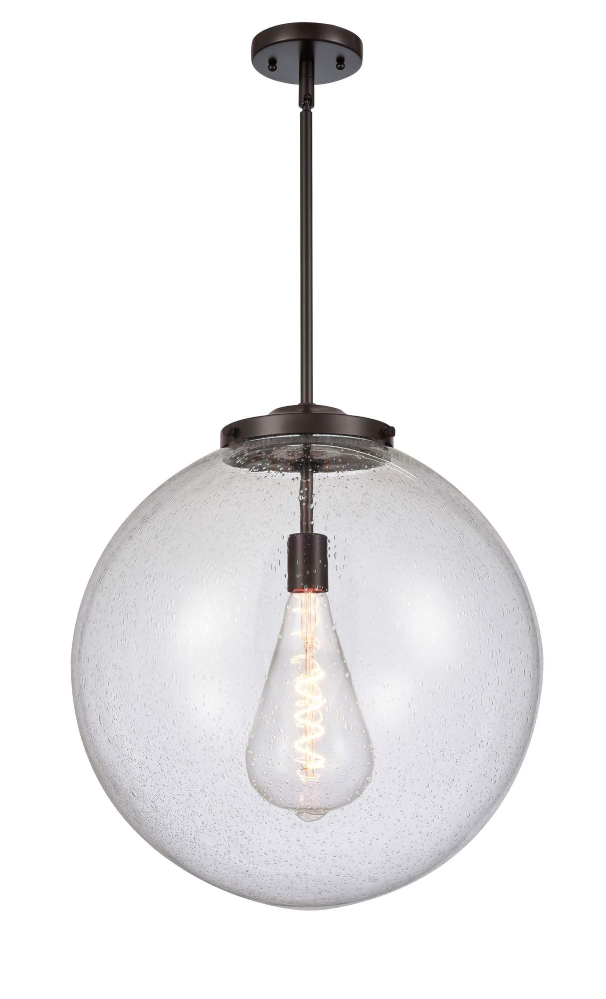 221-1S-OB-G204-18 1-Light 18" Oil Rubbed Bronze Pendant - Seedy Beacon Glass - LED Bulb - Dimmensions: 18 x 18 x 19<br>Minimum Height : 28<br>Maximum Height : 52 - Sloped Ceiling Compatible: Yes
