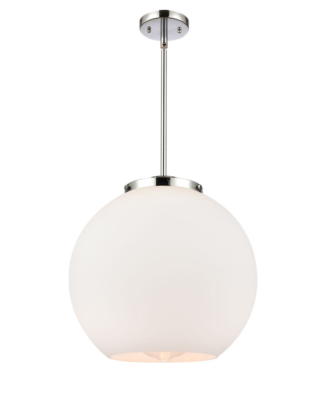 221-1S-PC-G121-16 1-Light 15.75" Polished Chrome Pendant - Cased Matte White Large Athens Glass - LED Bulb - Dimmensions: 15.75 x 15.75 x 16.375<br>Minimum Height : 26<br>Maximum Height : 50 - Sloped Ceiling Compatible: Yes