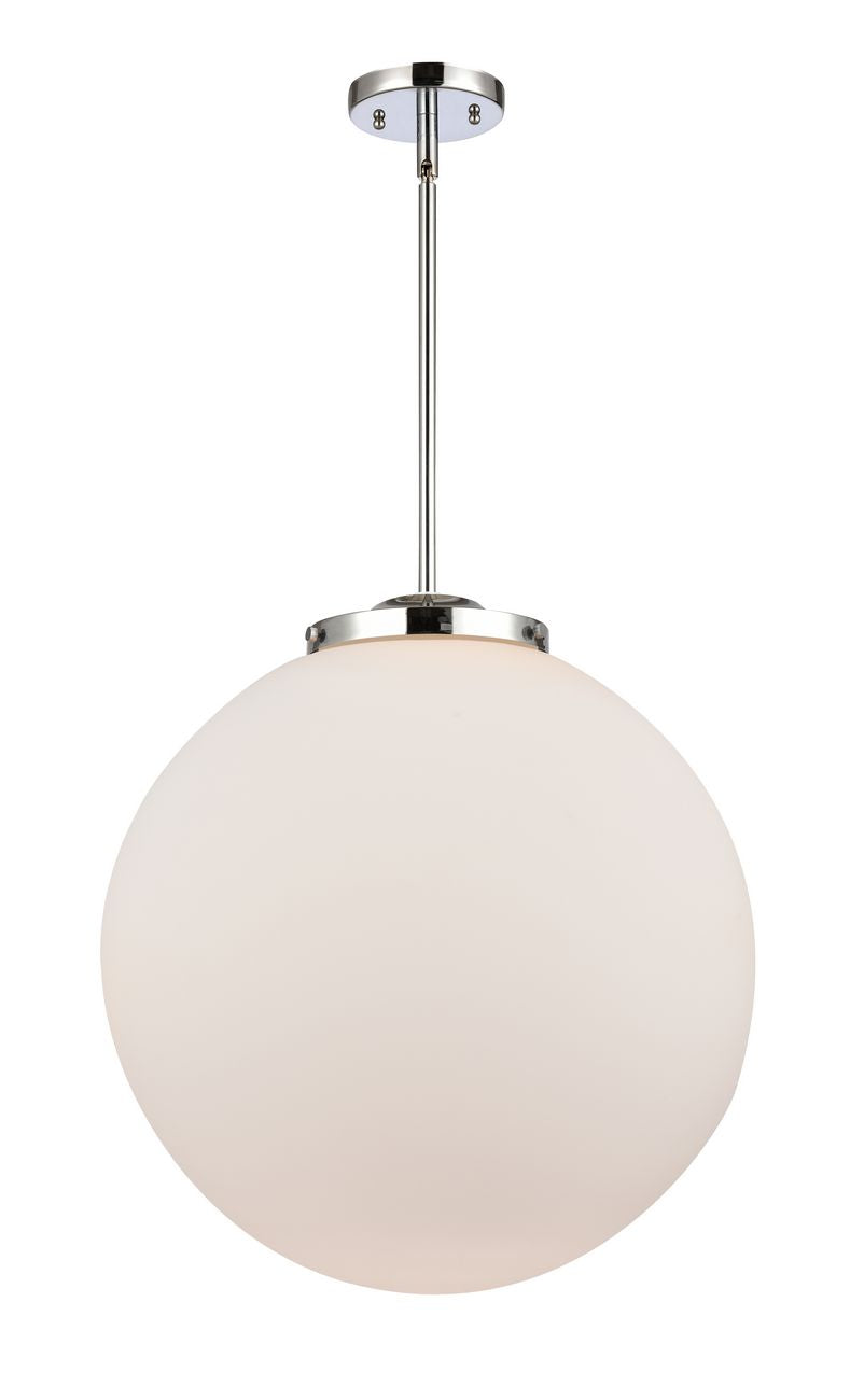 221-1S-PC-G201-18 1-Light 18" Polished Chrome Pendant - Matte White Cased Beacon Glass - LED Bulb - Dimmensions: 18 x 18 x 19<br>Minimum Height : 28<br>Maximum Height : 52 - Sloped Ceiling Compatible: Yes